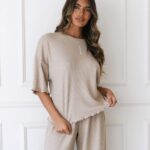 Lounge pehmeä vohvelipyjamantoppi minkki vaatteet naiset D46R26918